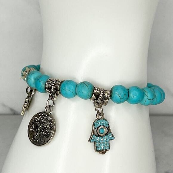 Silver Tone Butterfly Hamsa Tree Faux Turquoise Beaded Stretch Bracelet - Picture 3 of 6